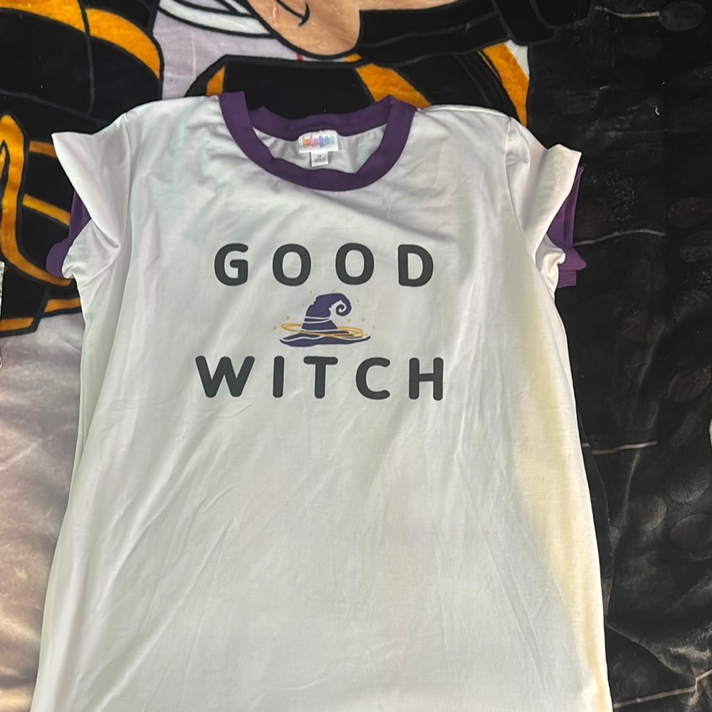 LuLaRoe White and Purple 'Good Witch' Tee